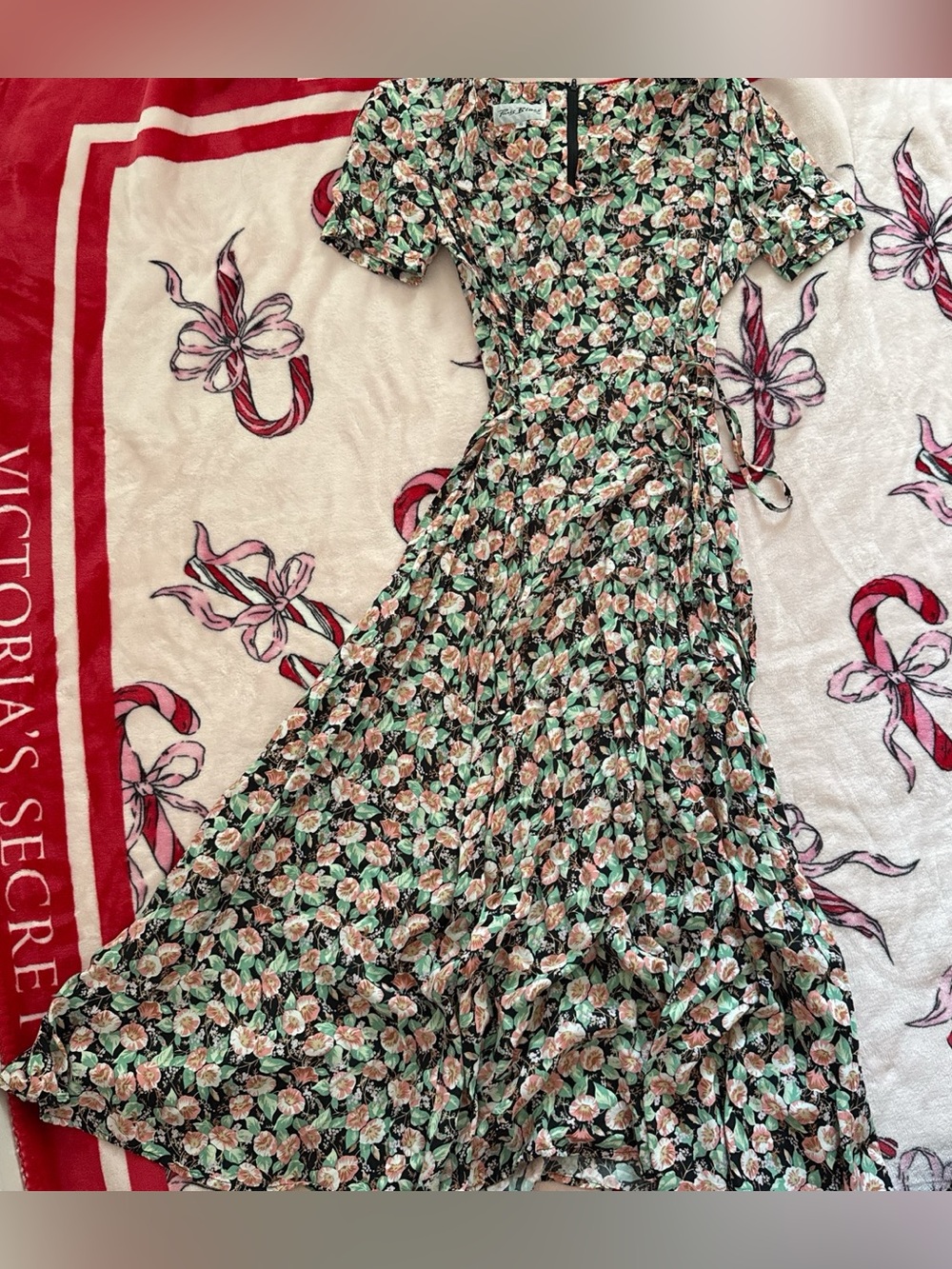 Vintage 90s Paris blues pink green floral midi dress size 5 S